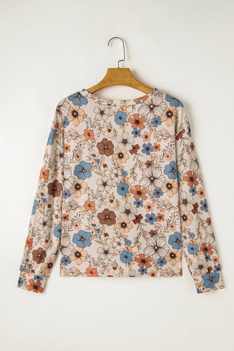Khaki Floral Print Loose Crew Neck Long Sleeve T Shirt Fashion - Love Salve
